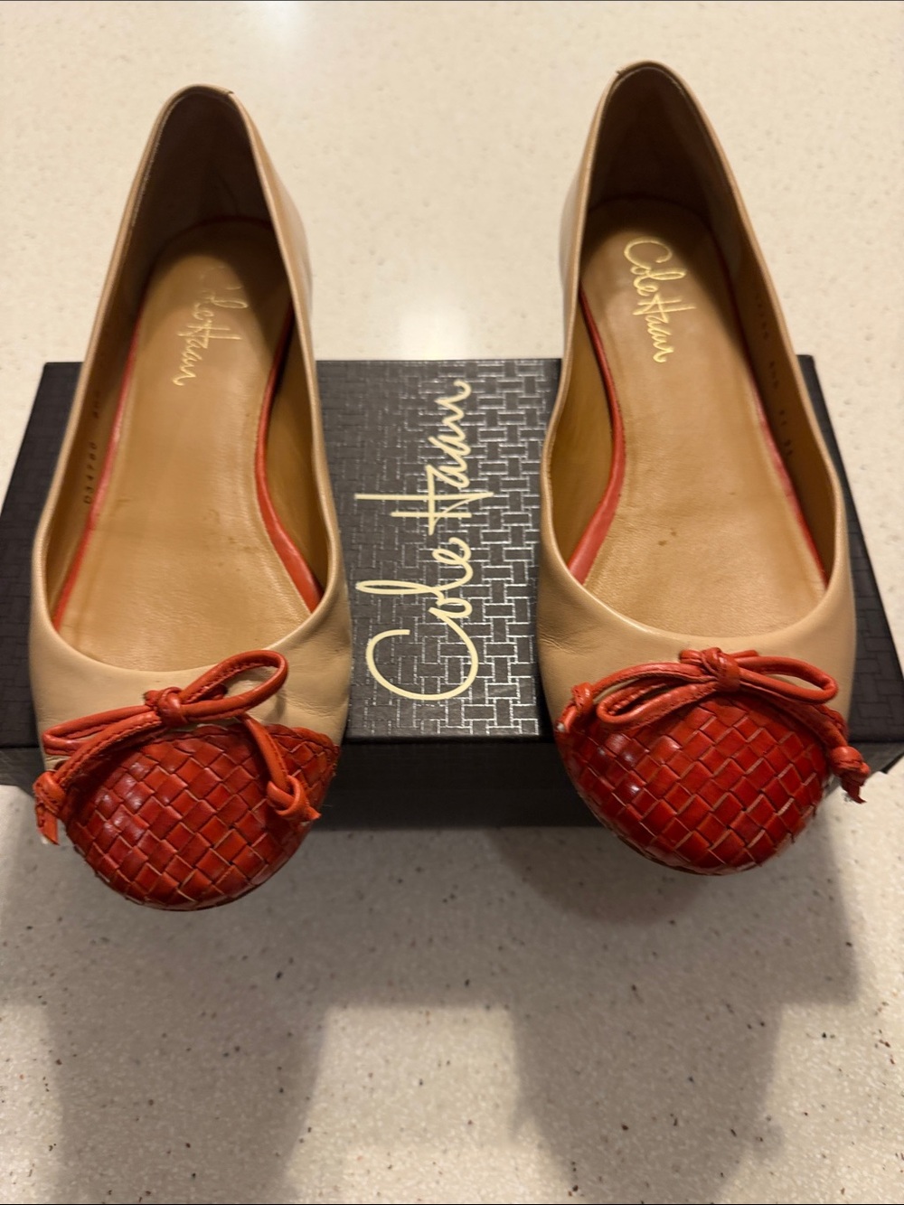 Cole Haan Beige Leather Ballet Flats with Red Woven Toe Caps